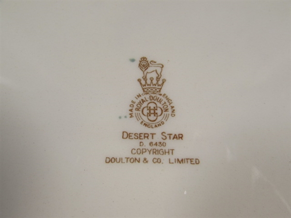 MCM ROYAL DOULTON DESERT STAR PLATTER, BROCK ROOSTER PLATE & 4 GOLD CROWN DINNER PLATES