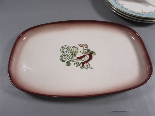 MCM ROYAL DOULTON DESERT STAR PLATTER, BROCK ROOSTER PLATE & 4 GOLD CROWN DINNER PLATES