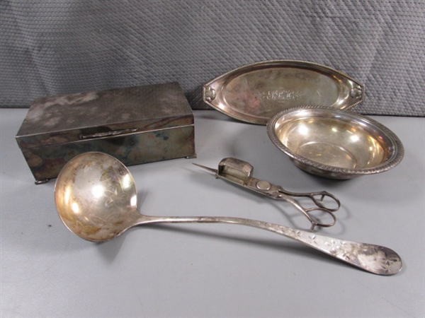 SILVERPLATE HINGED BOX, LADLE & MORE