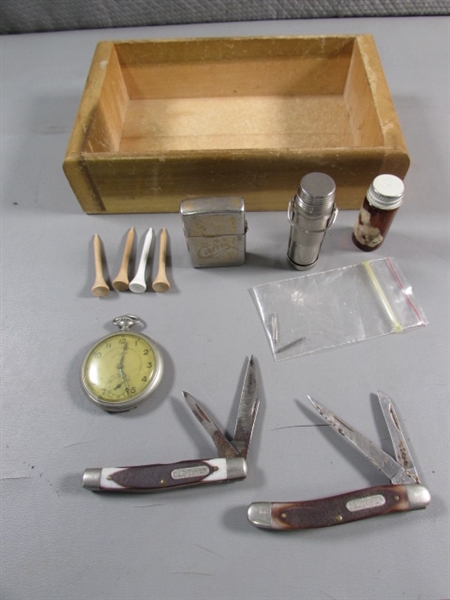 WOODEN BOX OF MEN'S ITEMS