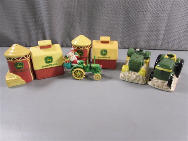 JOHN DEERE SALT & PEPPER SHAKERS & AN ORNAMENT