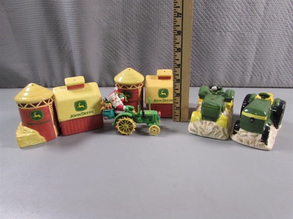 JOHN DEERE SALT & PEPPER SHAKERS & AN ORNAMENT