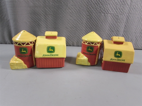 JOHN DEERE SALT & PEPPER SHAKERS & AN ORNAMENT