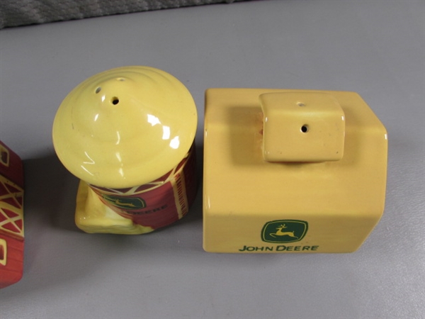 JOHN DEERE SALT & PEPPER SHAKERS & AN ORNAMENT