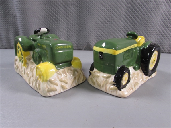 JOHN DEERE SALT & PEPPER SHAKERS & AN ORNAMENT