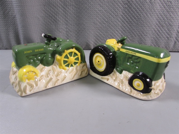 JOHN DEERE SALT & PEPPER SHAKERS & AN ORNAMENT