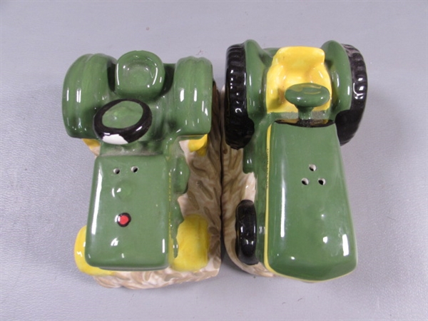 JOHN DEERE SALT & PEPPER SHAKERS & AN ORNAMENT