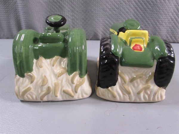 JOHN DEERE SALT & PEPPER SHAKERS & AN ORNAMENT