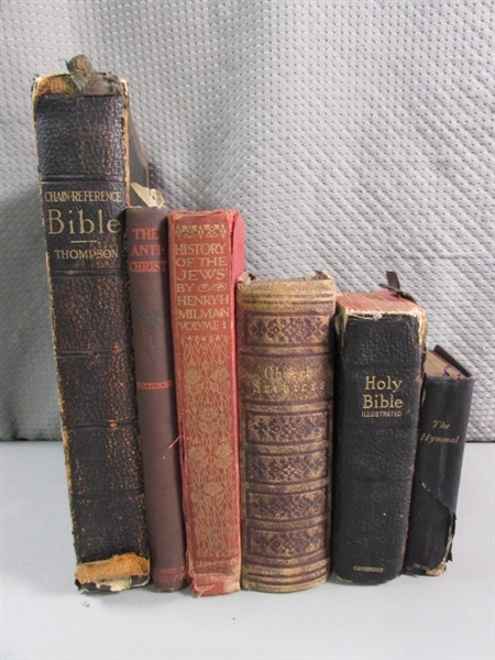 ANTIQUE BIBLES, A HYMNAL & RELIGIOUS BOOKS