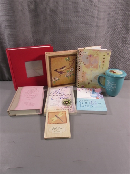 NOTEBOOK, ADDRESS BOOK, PHOTO ALBUM & BOOKS FOR WOMEN + A MUG W/MATCHING COASTER/LID