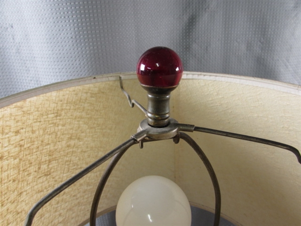 PAIR OF VINTAGE BRASS TABLE LAMPS W CRANBERRY CUT TO CLEAR FOCAL