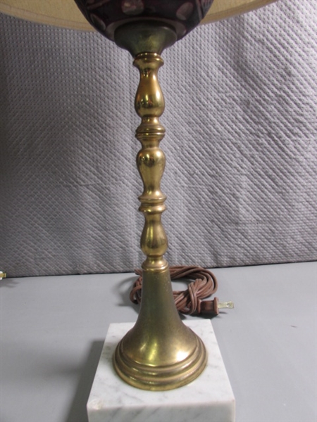 PAIR OF VINTAGE BRASS TABLE LAMPS W CRANBERRY CUT TO CLEAR FOCAL