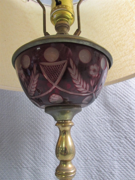 PAIR OF VINTAGE BRASS TABLE LAMPS W CRANBERRY CUT TO CLEAR FOCAL