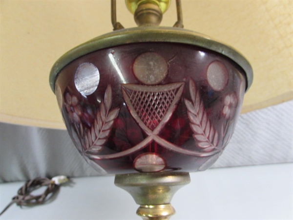 PAIR OF VINTAGE BRASS TABLE LAMPS W CRANBERRY CUT TO CLEAR FOCAL