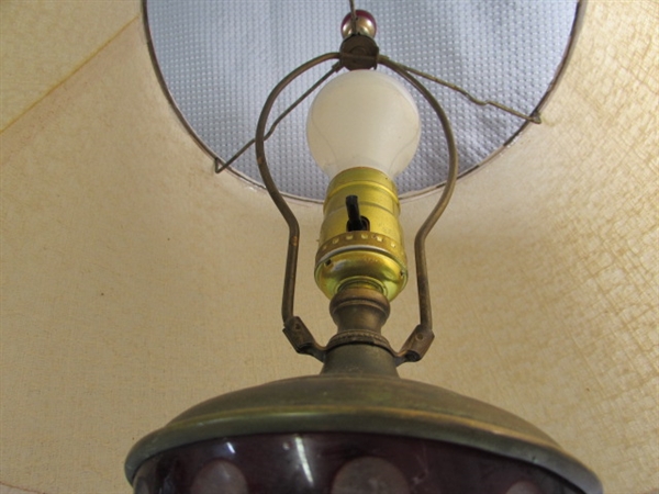 PAIR OF VINTAGE BRASS TABLE LAMPS W CRANBERRY CUT TO CLEAR FOCAL