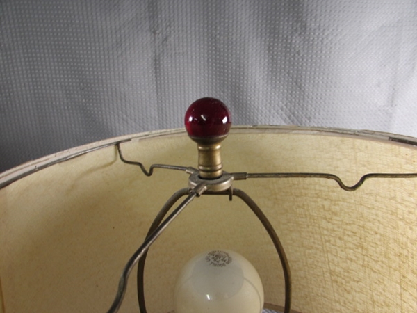 PAIR OF VINTAGE BRASS TABLE LAMPS W CRANBERRY CUT TO CLEAR FOCAL