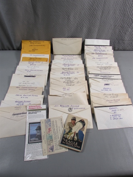 POSTAGE STAMP COLLECTION W/LABELED ENVELOPES - MOSTLY US POSTAGE