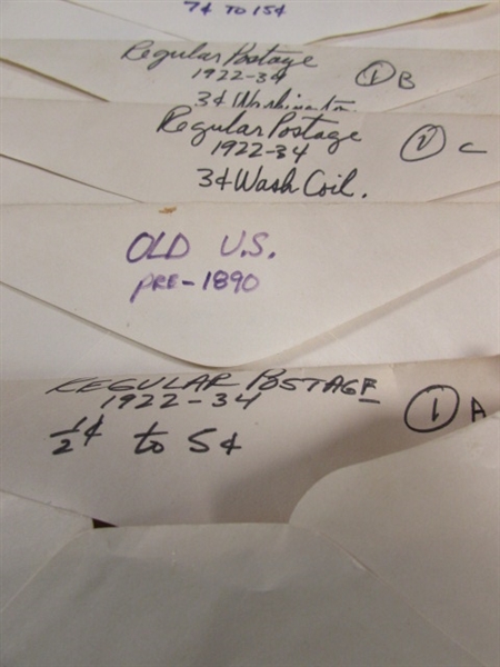 POSTAGE STAMP COLLECTION W/LABELED ENVELOPES - MOSTLY US POSTAGE