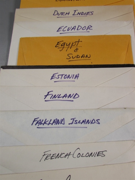 FOREIGN POSTAGE STAMPS - ENVELOPES LABELED W/COUNTRIES D-M