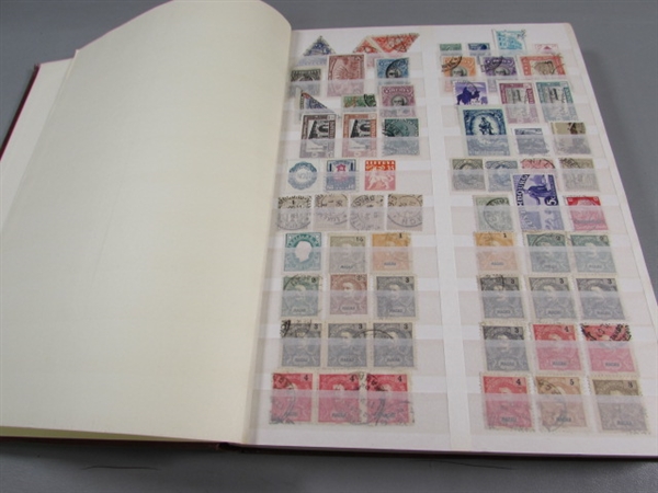 FULL 32 PAGE STAMP ALBUM & BOX OF MOSTLY CANCELLED STAMPS