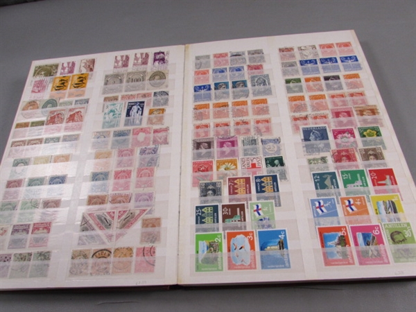 FULL 32 PAGE STAMP ALBUM & BOX OF MOSTLY CANCELLED STAMPS