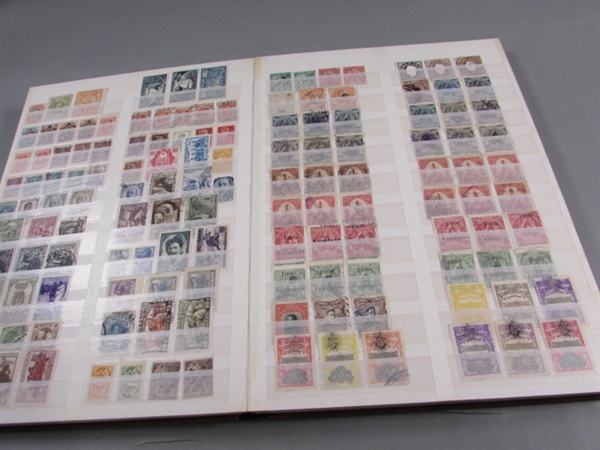 FULL 32 PAGE STAMP ALBUM & BOX OF MOSTLY CANCELLED STAMPS