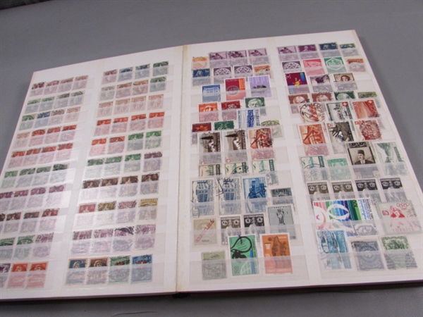 FULL 32 PAGE STAMP ALBUM & BOX OF MOSTLY CANCELLED STAMPS