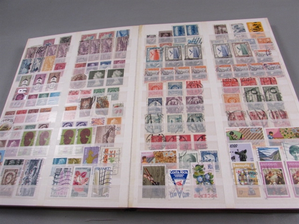 FULL 32 PAGE STAMP ALBUM & BOX OF MOSTLY CANCELLED STAMPS