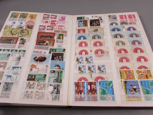 FULL 32 PAGE STAMP ALBUM & BOX OF MOSTLY CANCELLED STAMPS