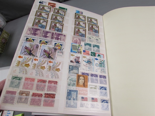 FULL 32 PAGE STAMP ALBUM & BOX OF MOSTLY CANCELLED STAMPS