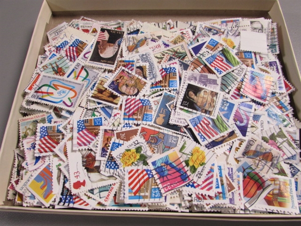 FULL 32 PAGE STAMP ALBUM & BOX OF MOSTLY CANCELLED STAMPS