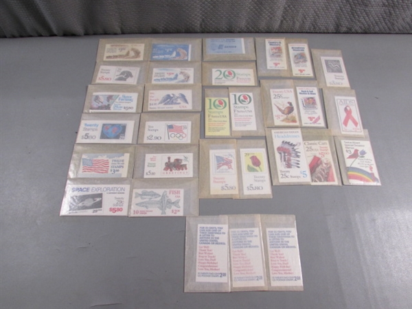 30 GLASSINE ENVELOPES W/STAMP BOOKLETS - MOST ARE FULL BOOKS