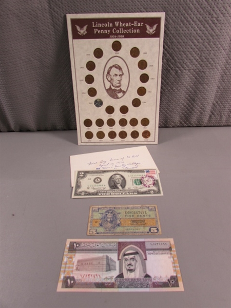 LINCOLN WHEAT PENNY COLLECTION, 1ST DAY ISSUE $2 BILL & MORE