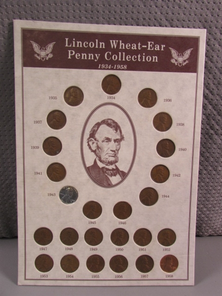 LINCOLN WHEAT PENNY COLLECTION, 1ST DAY ISSUE $2 BILL & MORE