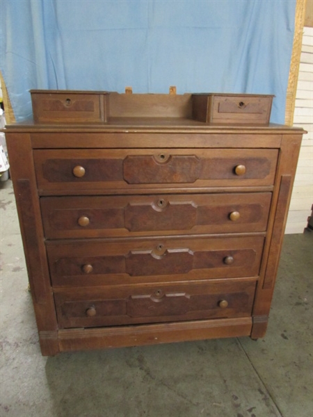 ANTIQUE WALNUT DRESSER W/BURLWOOD ACCENTS - NEEDS RESTORATION