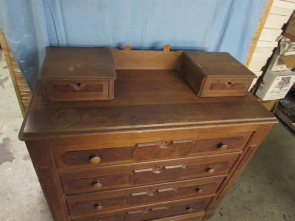 ANTIQUE WALNUT DRESSER W/BURLWOOD ACCENTS - NEEDS RESTORATION