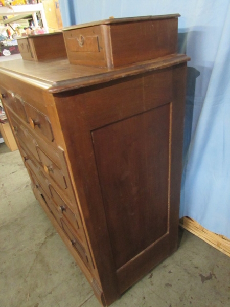 ANTIQUE WALNUT DRESSER W/BURLWOOD ACCENTS - NEEDS RESTORATION