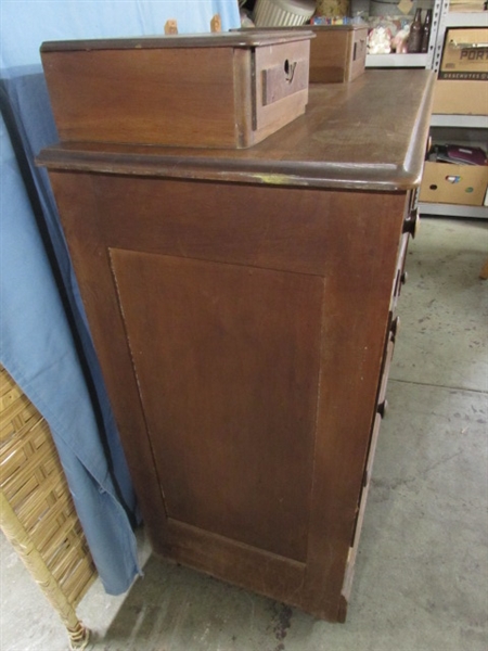 ANTIQUE WALNUT DRESSER W/BURLWOOD ACCENTS - NEEDS RESTORATION