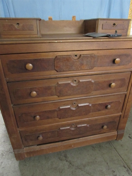 ANTIQUE WALNUT DRESSER W/BURLWOOD ACCENTS - NEEDS RESTORATION