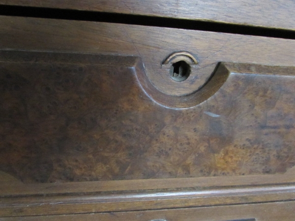 ANTIQUE WALNUT DRESSER W/BURLWOOD ACCENTS - NEEDS RESTORATION