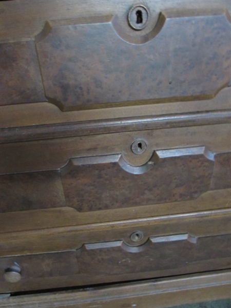 ANTIQUE WALNUT DRESSER W/BURLWOOD ACCENTS - NEEDS RESTORATION