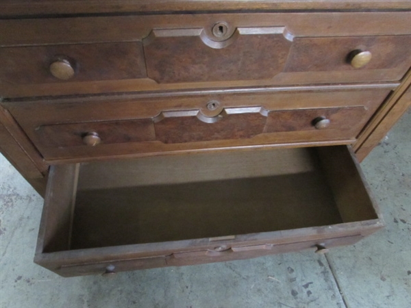 ANTIQUE WALNUT DRESSER W/BURLWOOD ACCENTS - NEEDS RESTORATION