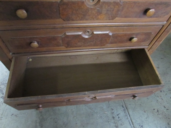 ANTIQUE WALNUT DRESSER W/BURLWOOD ACCENTS - NEEDS RESTORATION