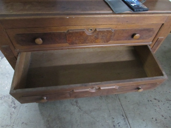 ANTIQUE WALNUT DRESSER W/BURLWOOD ACCENTS - NEEDS RESTORATION