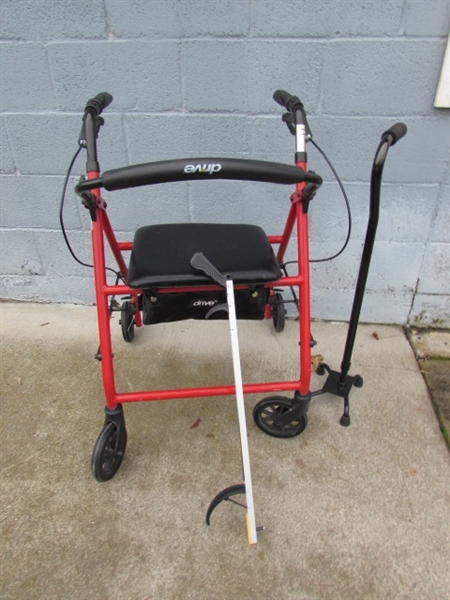 RED DRIVE 4 WHEELED WALKER W/STORAGE SEAT, REACH TOOL & CANE