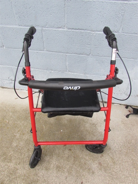 RED DRIVE 4 WHEELED WALKER W/STORAGE SEAT, REACH TOOL & CANE