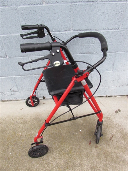 RED DRIVE 4 WHEELED WALKER W/STORAGE SEAT, REACH TOOL & CANE