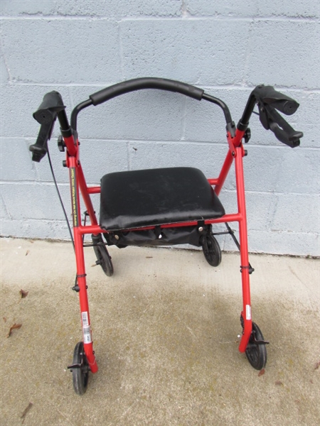 RED DRIVE 4 WHEELED WALKER W/STORAGE SEAT, REACH TOOL & CANE