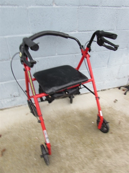 RED DRIVE 4 WHEELED WALKER W/STORAGE SEAT, REACH TOOL & CANE