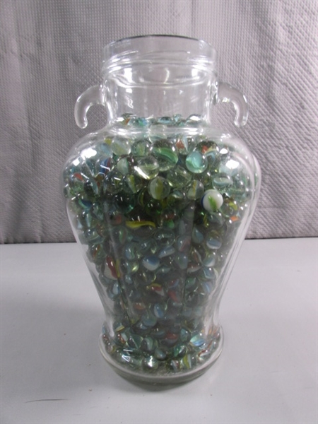 LARGE GLASS JAR OF MARBLES